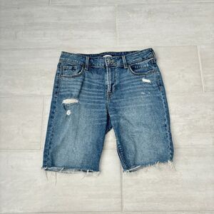 Mid-Rise Distressed Jean Bermuda Shorts 9 in Inseam Medium Wash Raw Hem Size 2